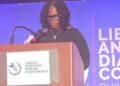 Senate Pro Tempore Nyonblee Karnga-Lawrence delivers remarks at the 2025 Liberia Diaspora Annual Conference in Washington, unveiling Senate reforms for diaspora voting, investment, and inclusion.