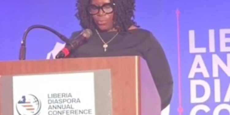 Senate Pro Tempore Nyonblee Karnga-Lawrence delivers remarks at the 2025 Liberia Diaspora Annual Conference in Washington, unveiling Senate reforms for diaspora voting, investment, and inclusion.