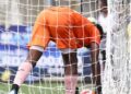 Blackman Warriors goalkeeper Onesimus Beyan retrieves the ball after a mistake