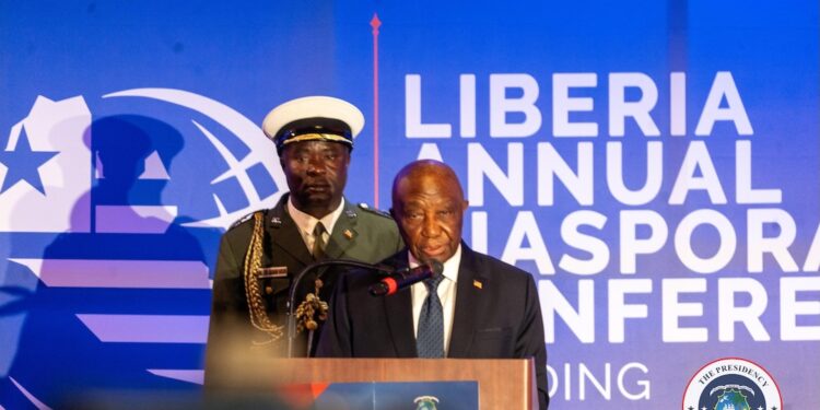 President Joseph Boakai speaks at the Liberia Diaspora Conference 2025 in Washington, calling on Liberians abroad to invest their skills, capital, and expertise in rebuilding Liberia