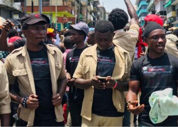 Student Unification Party members gather during a protest at the University of Liberia campus in Monrovia