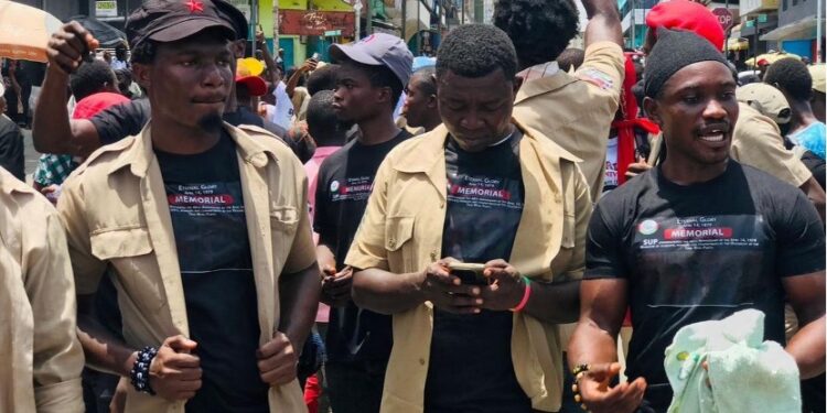 Student Unification Party members gather during a protest at the University of Liberia campus in Monrovia