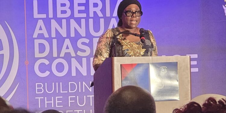 Liberia’s Foreign Minister Sara Beysolow Nyanti addresses the Liberia Annual Diaspora Conference 2025, unveiling a database to map skills of Liberians abroad for national development.