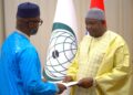 Liberian Ambassador Ali Sylla presents letter of credence to Gambian President Adama Barrow during a ceremony in Banjul, The Gambia