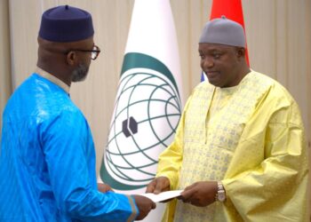 Liberian Ambassador Ali Sylla presents letter of credence to Gambian President Adama Barrow during a ceremony in Banjul, The Gambia
