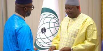 Liberian Ambassador Ali Sylla presents letter of credence to Gambian President Adama Barrow during a ceremony in Banjul, The Gambia