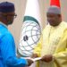 Liberian Ambassador Ali Sylla presents letter of credence to Gambian President Adama Barrow during a ceremony in Banjul, The Gambia