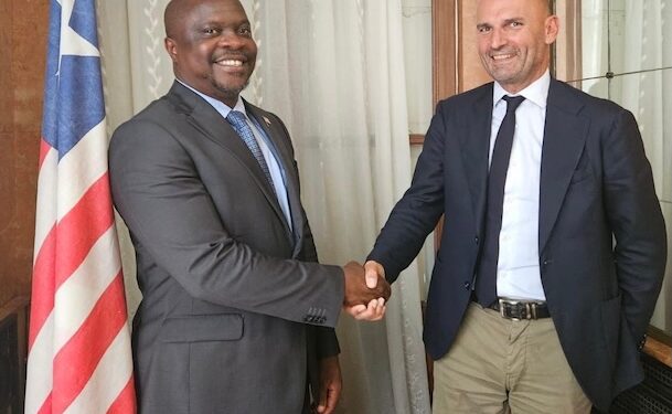 Liberia’s Ambassador to France Dr. Teeko Yorlay shakes hands with C3Medical CEO Jerome Soistier in Paris to discuss health sector partnership