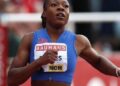 Liberian sprinter Thelma Davies competing in the women’s 100-meter race at the World Athletics Championships in Tokyo