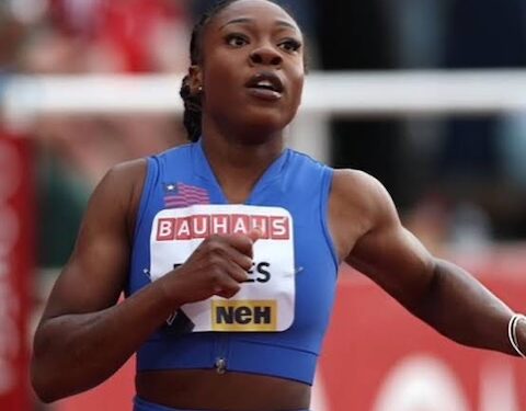 Liberian sprinter Thelma Davies competing in the women’s 100-meter race at the World Athletics Championships in Tokyo