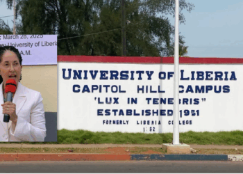University of Liberia Capitol Hill campus sign alongside Dr. Layli Maparyan during a Senate hearing on education funding in Liberia