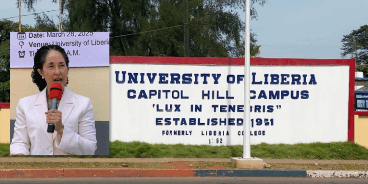 University of Liberia Capitol Hill campus sign alongside Dr. Layli Maparyan during a Senate hearing on education funding in Liberia