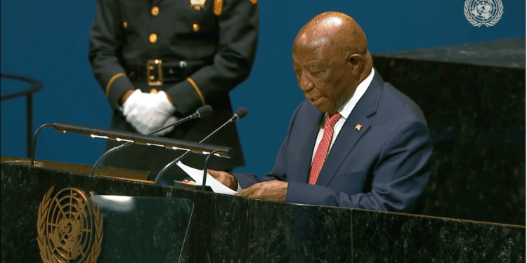 President Boakai at speaking at the UN General Assembly