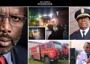 A news collage by The Liberian Investigator shows former President George Weah’s close-up portrait on the left; center images of his 9th Street Sinkor residence at night with flashing lights, firefighters, and bystanders after a blaze; a red fire truck below; and on the right, Liberia’s fire service officials in uniform, including a senior officer in dress cap and another speaking at a podium