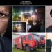A news collage by The Liberian Investigator shows former President George Weah’s close-up portrait on the left; center images of his 9th Street Sinkor residence at night with flashing lights, firefighters, and bystanders after a blaze; a red fire truck below; and on the right, Liberia’s fire service officials in uniform, including a senior officer in dress cap and another speaking at a podium