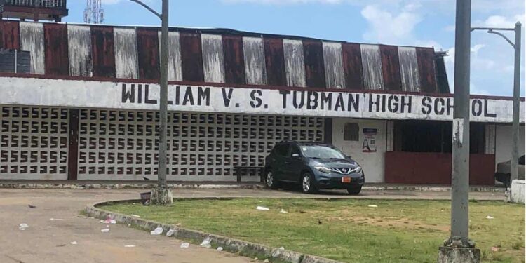 Front view of William V.S. Tubman High School in Sinkor, Monrovia, where a mysterious blood stain at the entrance forced a temporary suspension of classes.