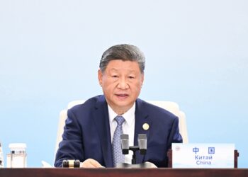 Chinese President Xi Jinping delivering remarks at the 25th SCO Heads of State Council meeting in Tianjin