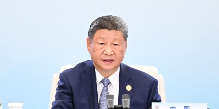 Chinese President Xi Jinping delivering remarks at the 25th SCO Heads of State Council meeting in Tianjin