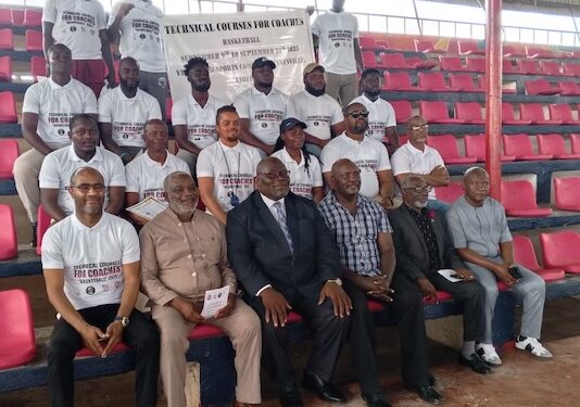 Group photo of Liberian basketball coaches after earning FIBA certification.