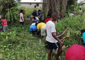 Residents in Buchanan, Grand Bassa County, collecting fuel from a leaking tanker belonging to missionaries, initially mistaken for an oil discovery.