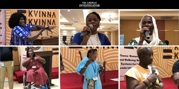 A collage of Liberian women with a disability speaking during the Women’s Consultative Conference in Monrovia, urging the Boakai administration to match promises of inclusion under the ARREST Agenda with real action