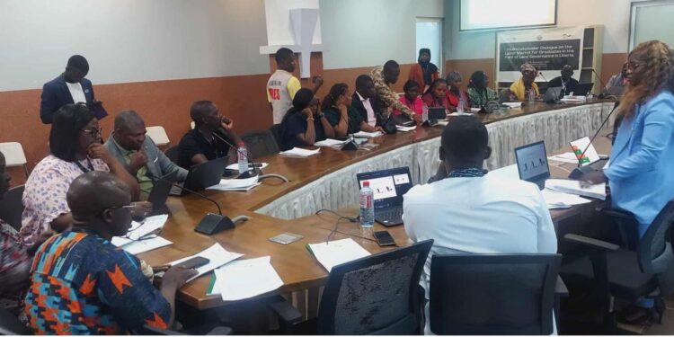 Participants of the multistakeholder dialogue in Monrovia seated in a conference room during discussions on land governance jobs for graduates, followed by a group photo outside with civil society leaders, educators, students, and international partners.