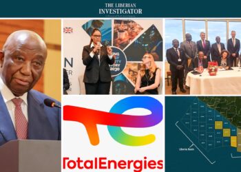 A collage of president Boakai, signing of agreement, total energies logo, map of Liberia's oil blocks