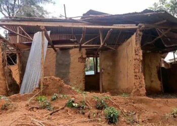 Collapsed mud-brick structure of Gbarn-la Public School in Bong County, Liberia, leaving over 500 children without access to education