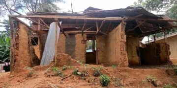 Collapsed mud-brick structure of Gbarn-la Public School in Bong County, Liberia, leaving over 500 children without access to education