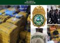 a montage of packaged drugs, LDEA badge, LDEA officers