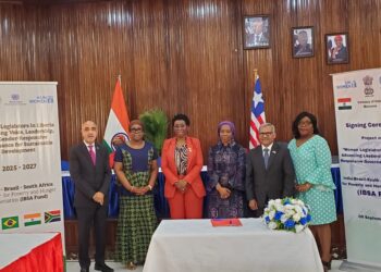 Liberia’s Women’s Legislative Caucus and international partners at the Ministry of Foreign Affairs in Monrovia during the signing of a $1M IBSA project to strengthen women’s leadership.