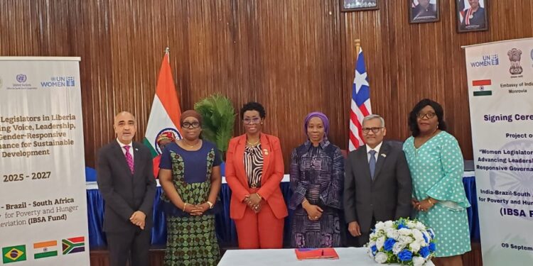 Liberia’s Women’s Legislative Caucus and international partners at the Ministry of Foreign Affairs in Monrovia during the signing of a $1M IBSA project to strengthen women’s leadership.