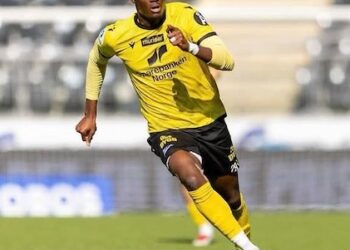Emmanuel Gono, 19-year-old Liberian forward on loan at IK Start, sprinting during a league match in Norway after being called up to the Liberia national team