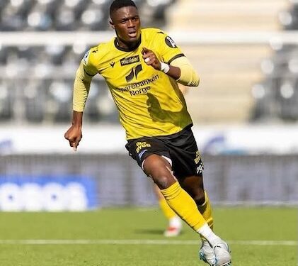 Emmanuel Gono, 19-year-old Liberian forward on loan at IK Start, sprinting during a league match in Norway after being called up to the Liberia national team
