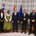 Liberian Foreign Minister Sara Beysolow Nyanti and Serbian officials pose after signing a strategic football cooperation deal aimed at reviving the Lone Star