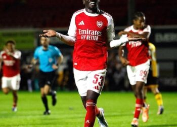 Arsenal winger Charles Sagoe Jr celebrates after scoring during an academy match in the Premier League 2