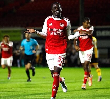 Arsenal winger Charles Sagoe Jr celebrates after scoring during an academy match in the Premier League 2