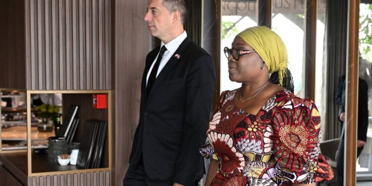 Liberian Foreign Minister Sara Beysolow Nyanti during a diplomatic engagement, recognized by SWAL for promoting sports diplomacy and youth development.