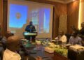Cllr. J. Fonati Koffa addresses CDC leaders and supporters during a briefing announcing the Oct. 18 groundbreaking for the party’s new national headquarters in Monrovia