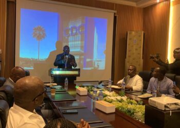 Cllr. J. Fonati Koffa addresses CDC leaders and supporters during a briefing announcing the Oct. 18 groundbreaking for the party’s new national headquarters in Monrovia