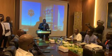 Cllr. J. Fonati Koffa addresses CDC leaders and supporters during a briefing announcing the Oct. 18 groundbreaking for the party’s new national headquarters in Monrovia