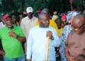 Citizens Movement for Change leader Musa Hassan Bility visits the halted bridge construction site in Gbarnga, Bong County, amid controversy over the government’s suspension order.