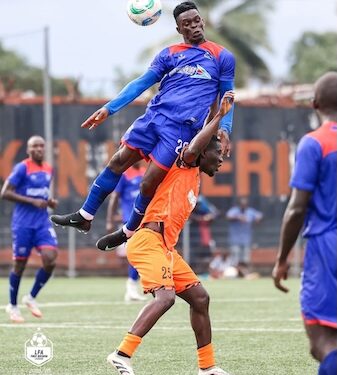 LISCR FC players celebrate their third straight win in the 2025–26 LFA First Division season, while defending champions FC Fassell struggle to find form