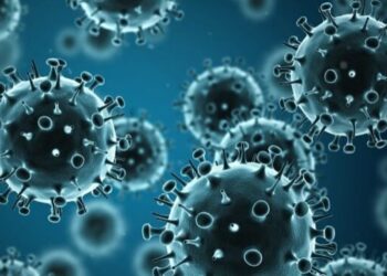 Microscopic illustration of influenza virus particles representing a seasonal flu outbreak in Liberia.