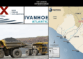 Heavy-duty mining trucks and map showing the proposed HPX/Ivanhoe rail route from Nimba, Guinea, through Liberia’s Yekepa–Buchanan corridor.