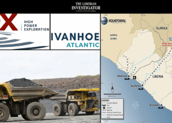 Heavy-duty mining trucks and map showing the proposed HPX/Ivanhoe rail route from Nimba, Guinea, through Liberia’s Yekepa–Buchanan corridor.
