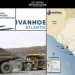 Heavy-duty mining trucks and map showing the proposed HPX/Ivanhoe rail route from Nimba, Guinea, through Liberia’s Yekepa–Buchanan corridor.