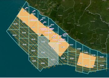 A map showing Liberia’s offshore oil blocks along the Atlantic coast, linked to new exploration agreements between the government, TotalEnergies, and Oranto.