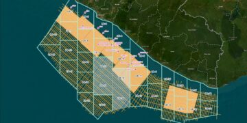 A map showing Liberia’s offshore oil blocks along the Atlantic coast, linked to new exploration agreements between the government, TotalEnergies, and Oranto.