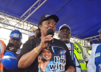 Former Vice President Jewel Howard Taylor addresses supporters at the CDC headquarters groundbreaking in Monrovia, reaffirming NPP’s loyalty to the coalition.